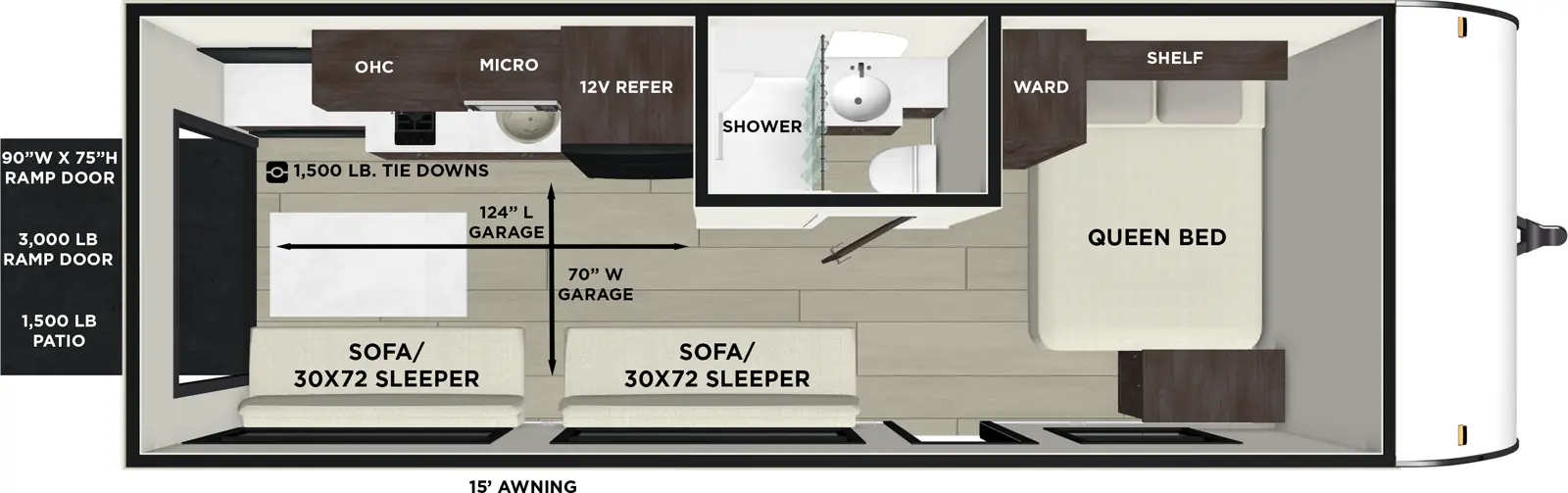 The Salem FSX 190RTK floorplan is a toy hauler that has one entry and zero slide outs. Exterior features include: fiberglass exterior and 15' awning. Interiors features include: front bedroom.